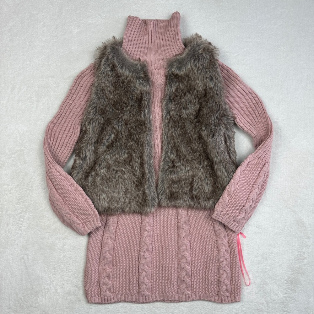 LULURAIN Pink Cable Knit Turtleneck Dress Faux Fur Vest Set Girls M 5-6‎ Years